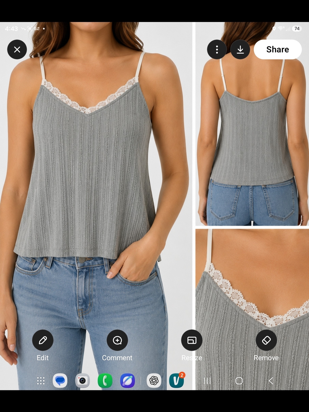 Blu Pepper Grey Lace-Trim Ribbed V-Neck Cami